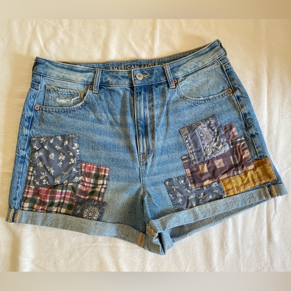 AE Patchwork Denim High Rise Mom Shorts